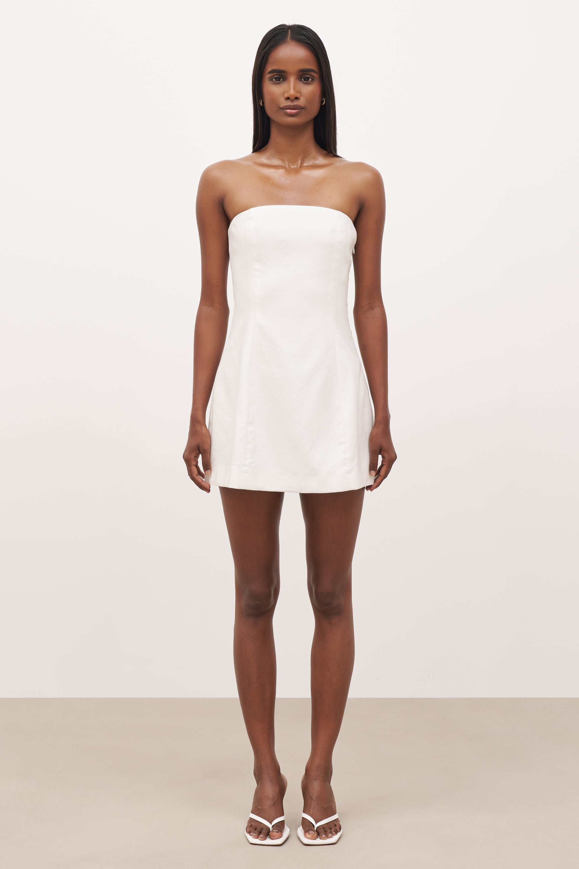 Strapless Linen A Line Mini Dress - White