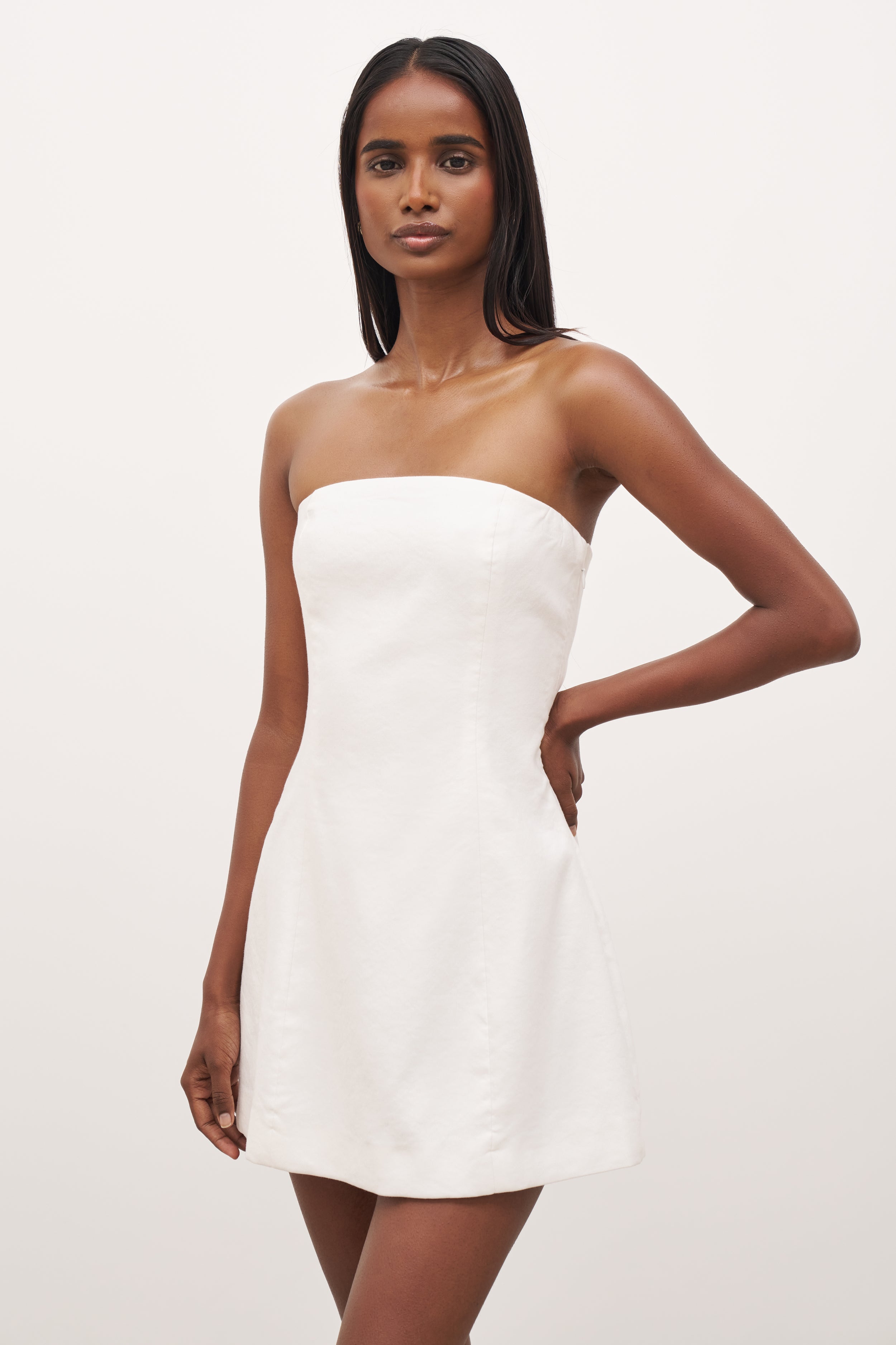 Strapless Linen A Line Mini Dress - White