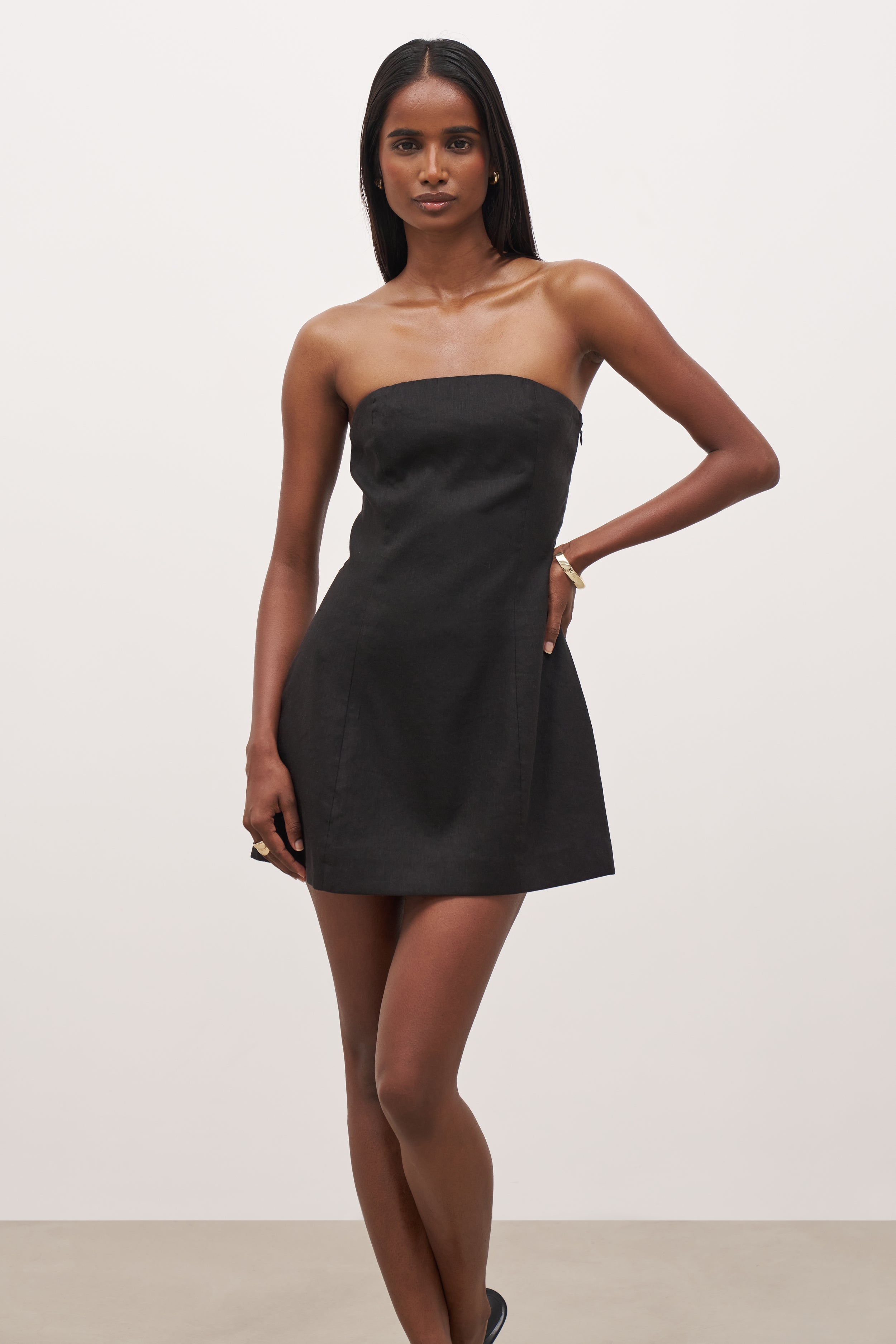 Strapless Linen A Line Mini Dress Black BOA