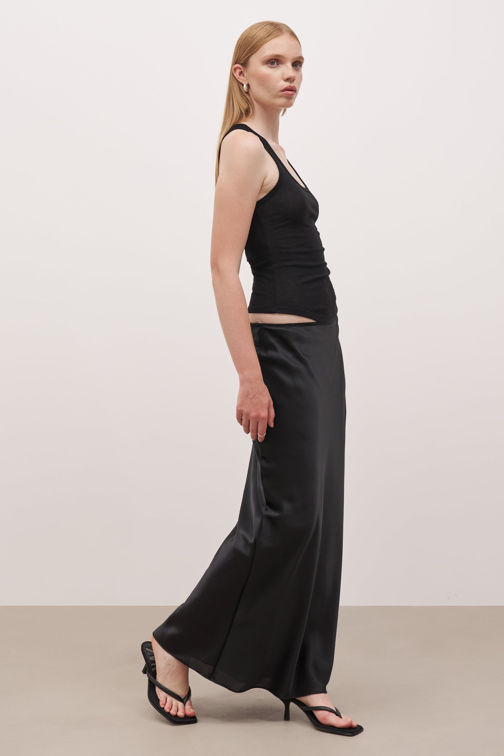 Satin Mid Rise Maxi Skirt - Black