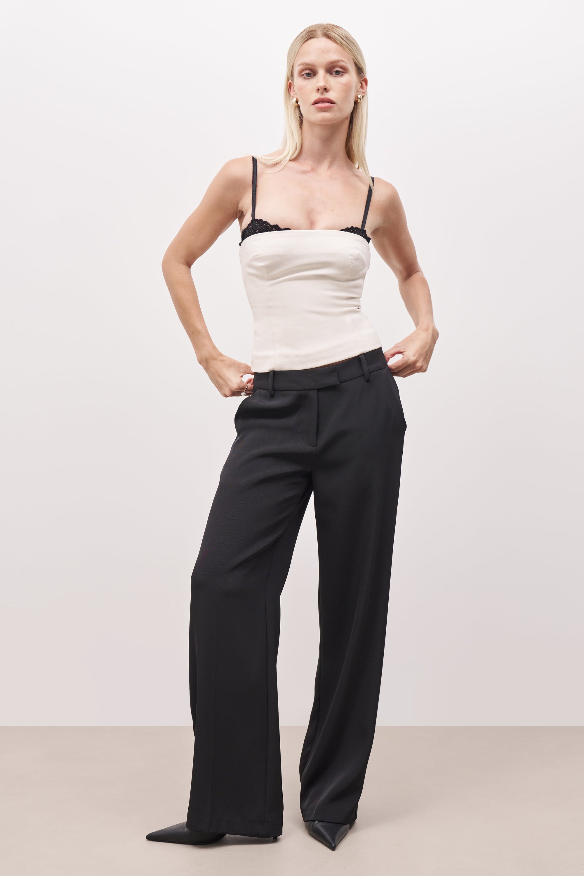 Mid Rise Wide Leg Trousers - Black