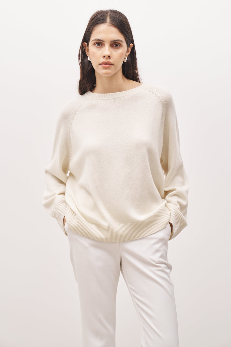 Crew Neck Cashmere Blend Jumper - Cream