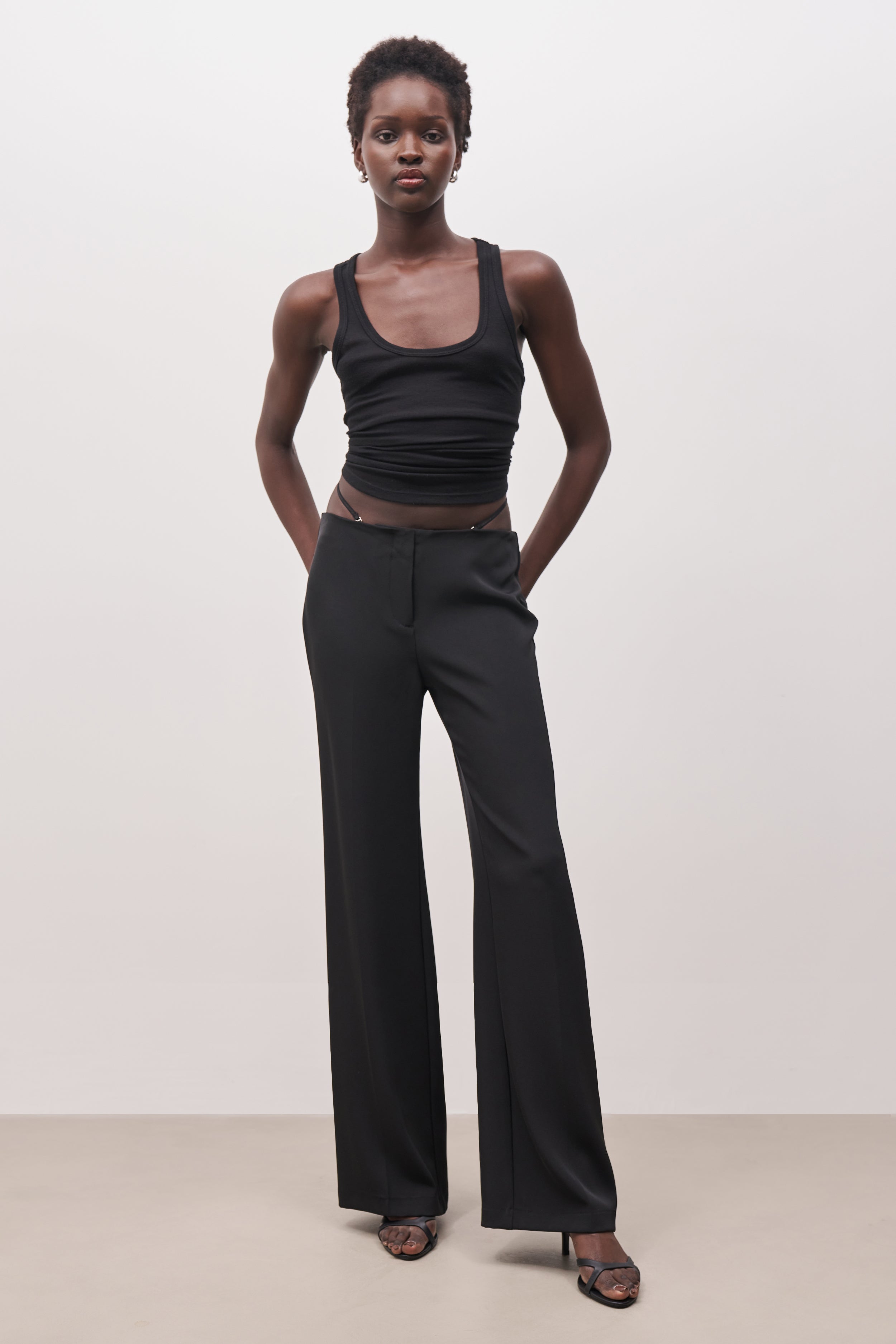 Tailored Mid Rise Trousers With Strap Detail - Black