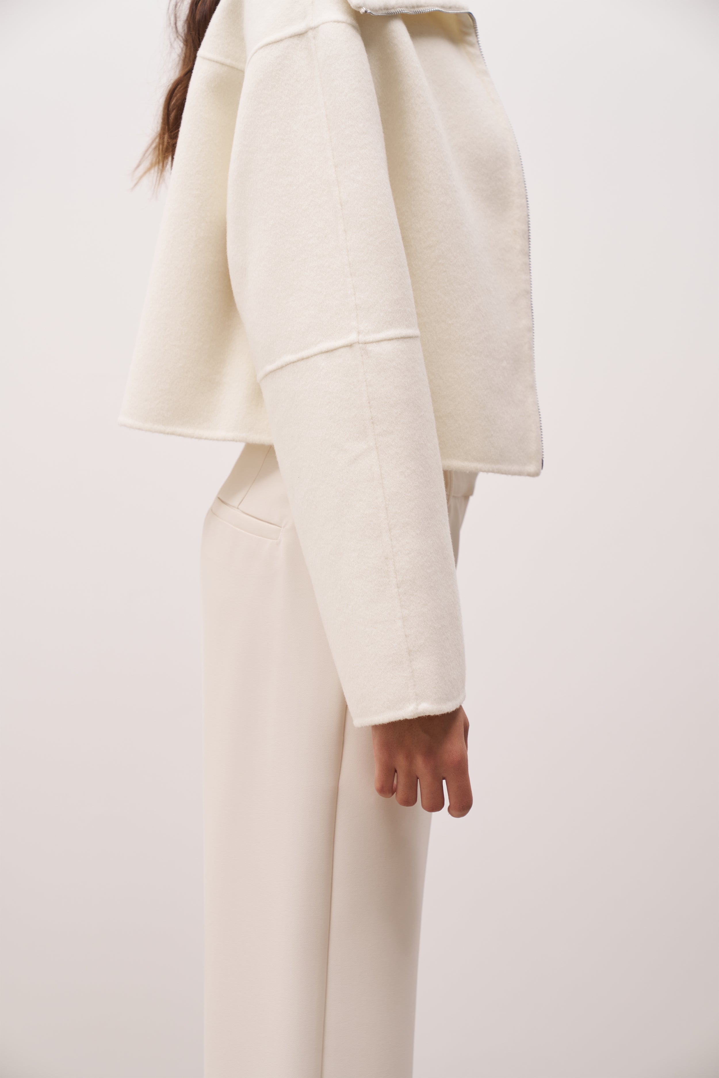 Double Faced Wool Cropped Jacket - Cream