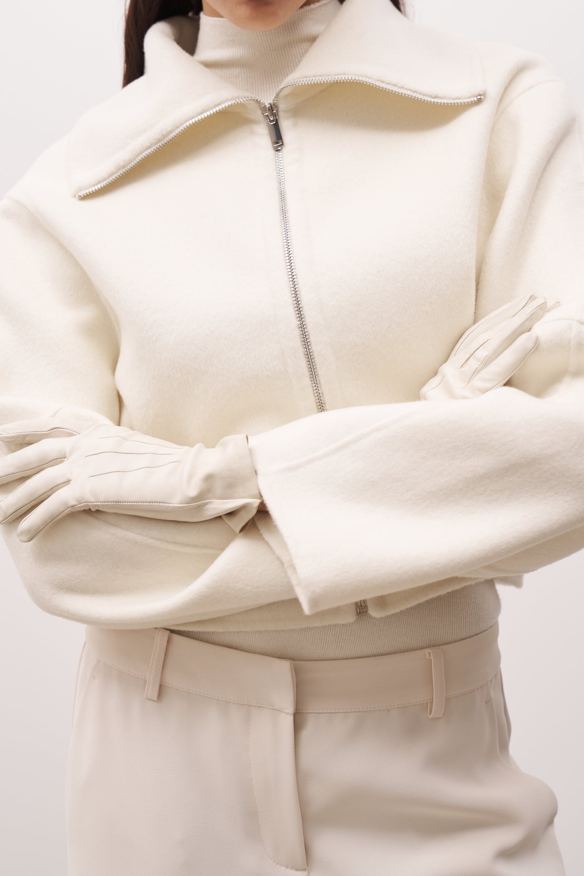 Double Faced Wool Cropped Jacket - Cream