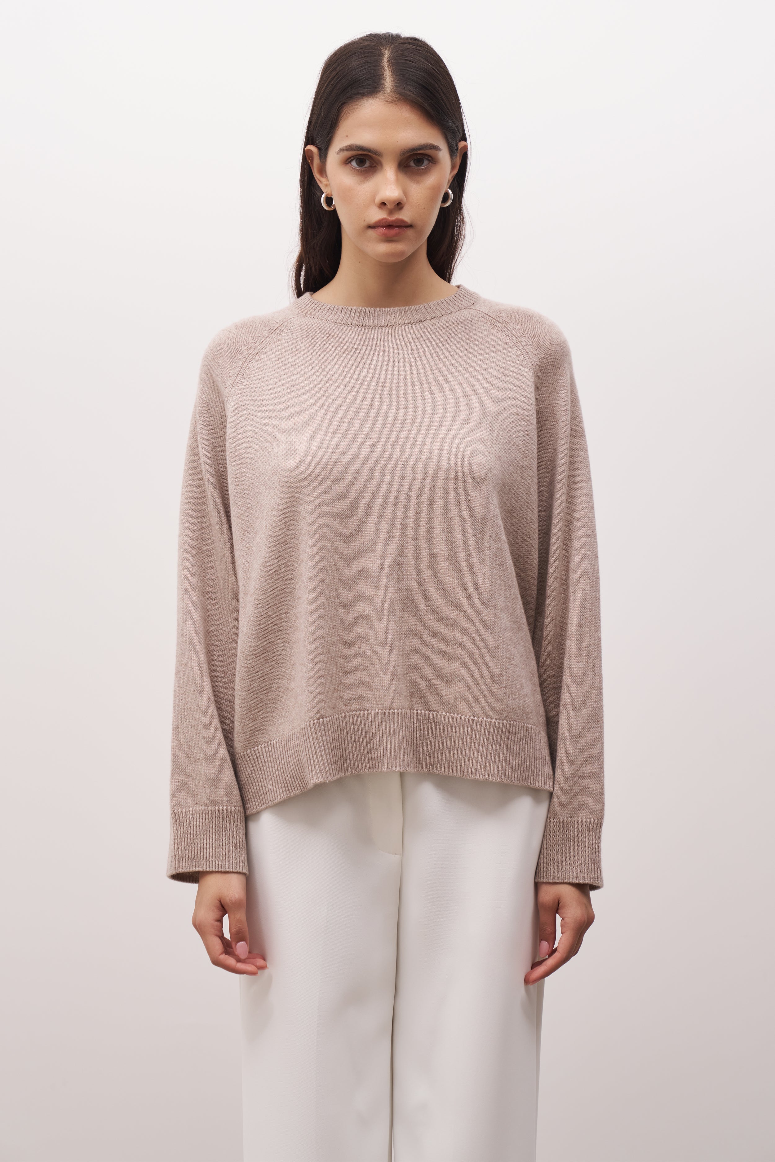 Crew Neck Cashmere Blend Jumper - Stone