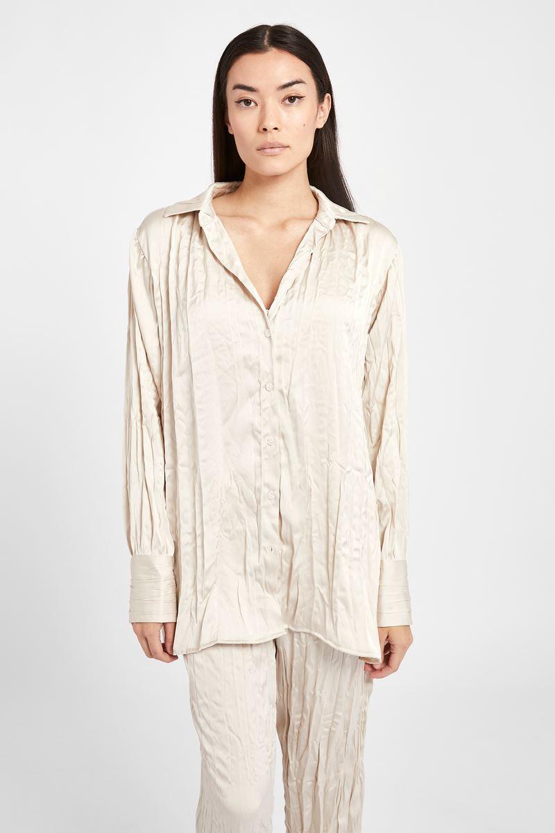 Satin Crinkle Oversized Shirt - Cream