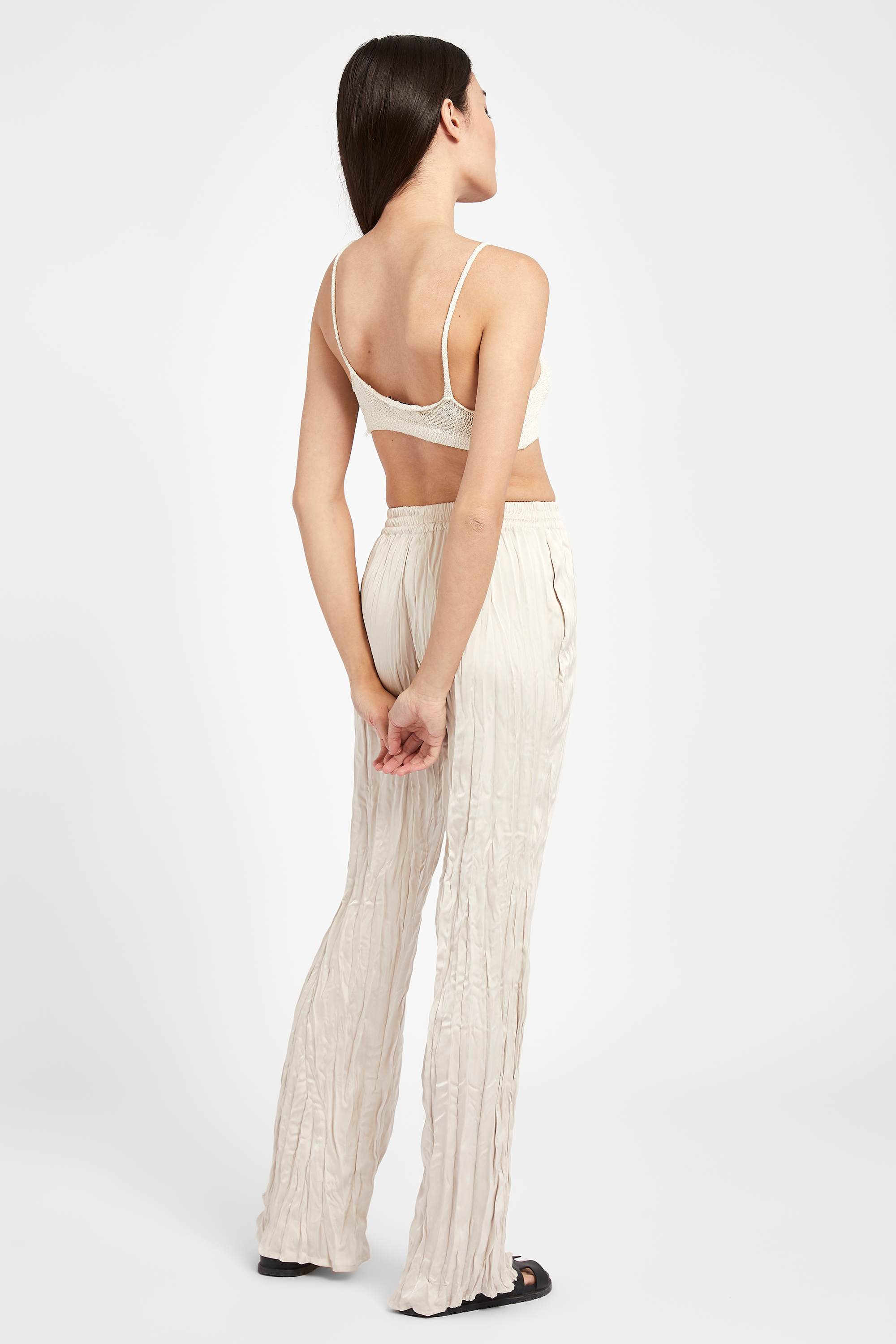 Satin Crinkle Wide Leg Trousers - Cream