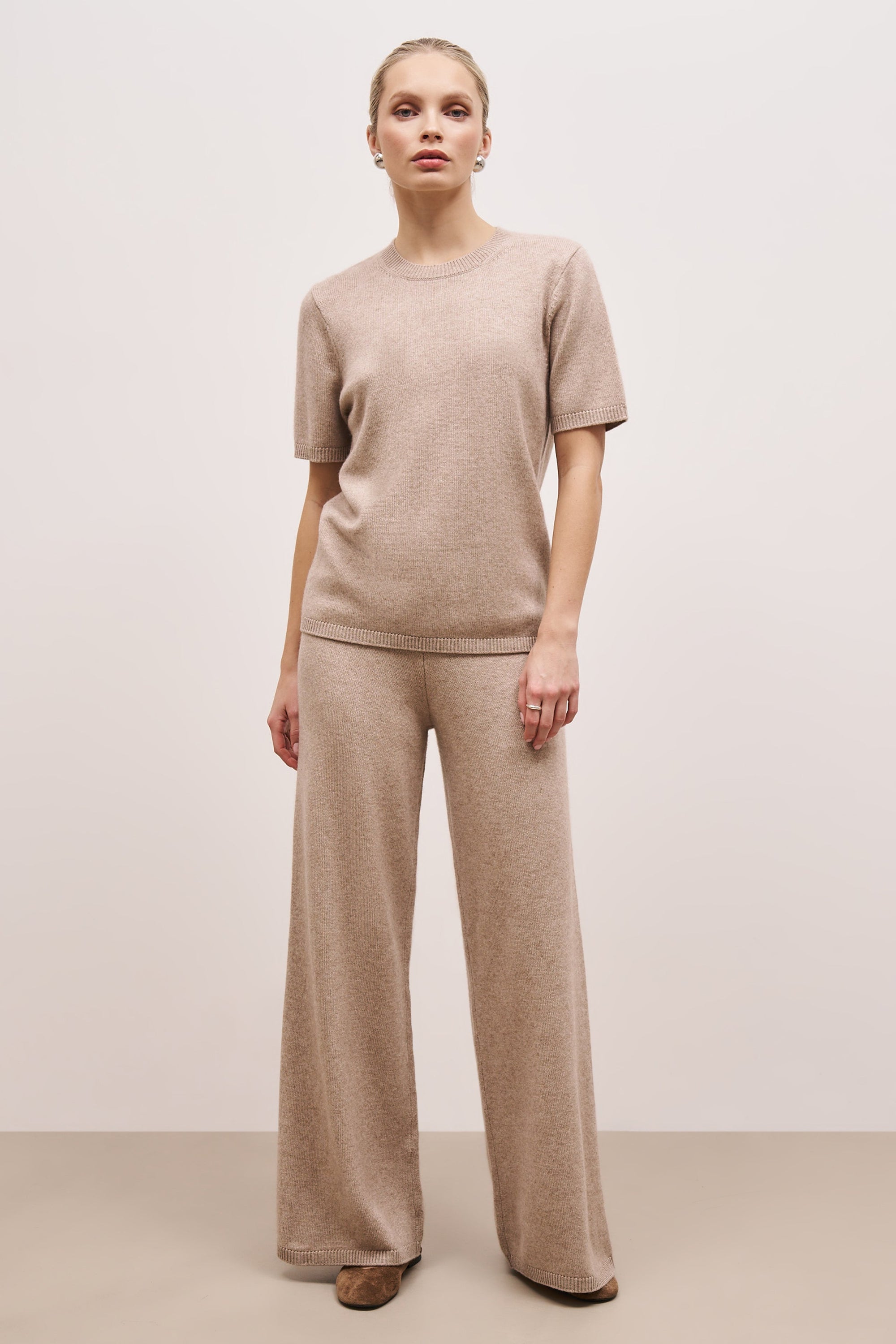 Cashmere Blend Wide Leg Trousers - Stone