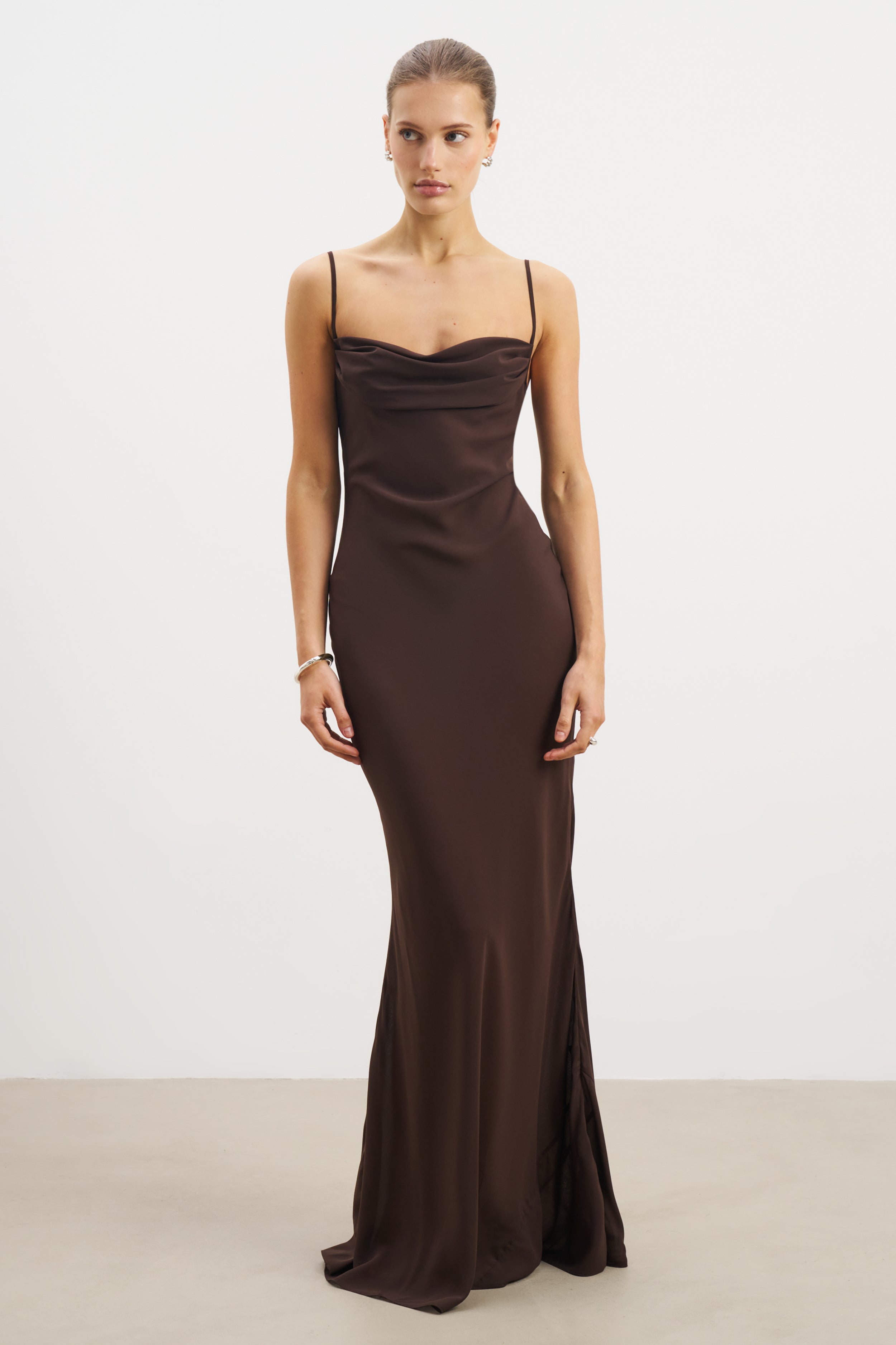 Ruched Chiffon Maxi Dress - Carob