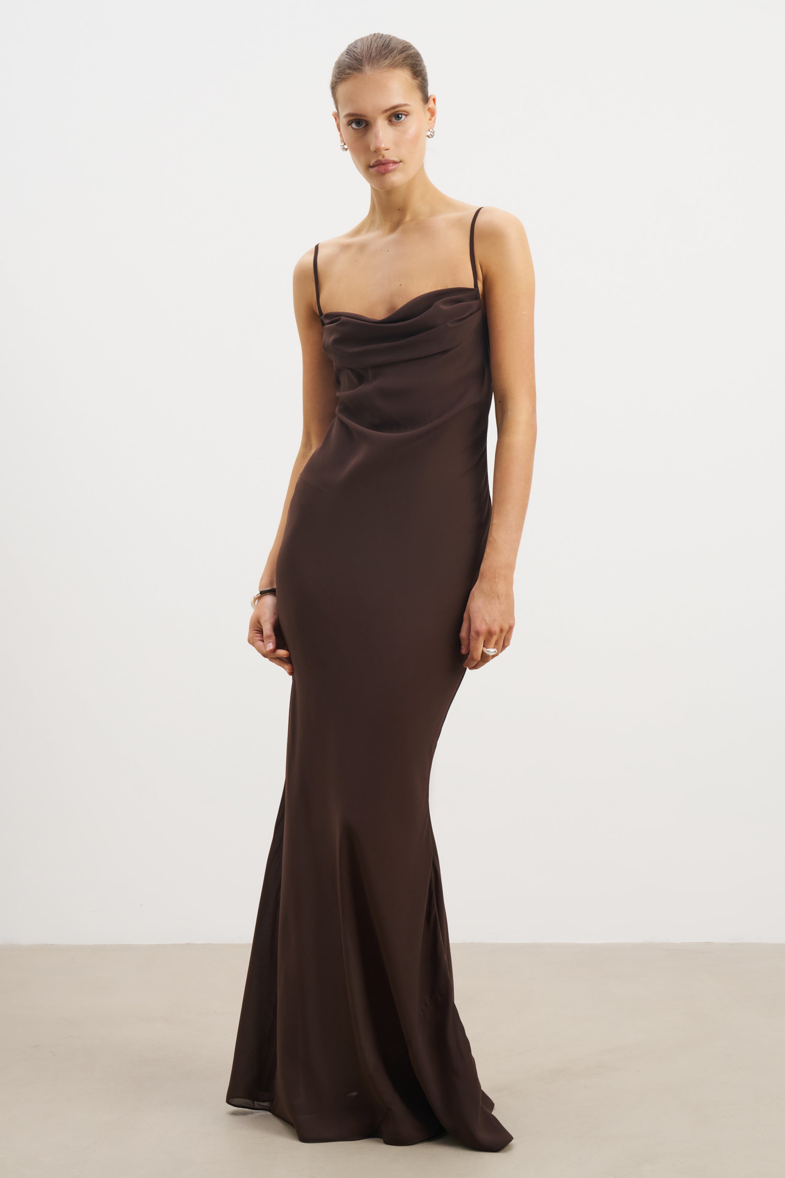 Ruched Chiffon Maxi Dress - Carob