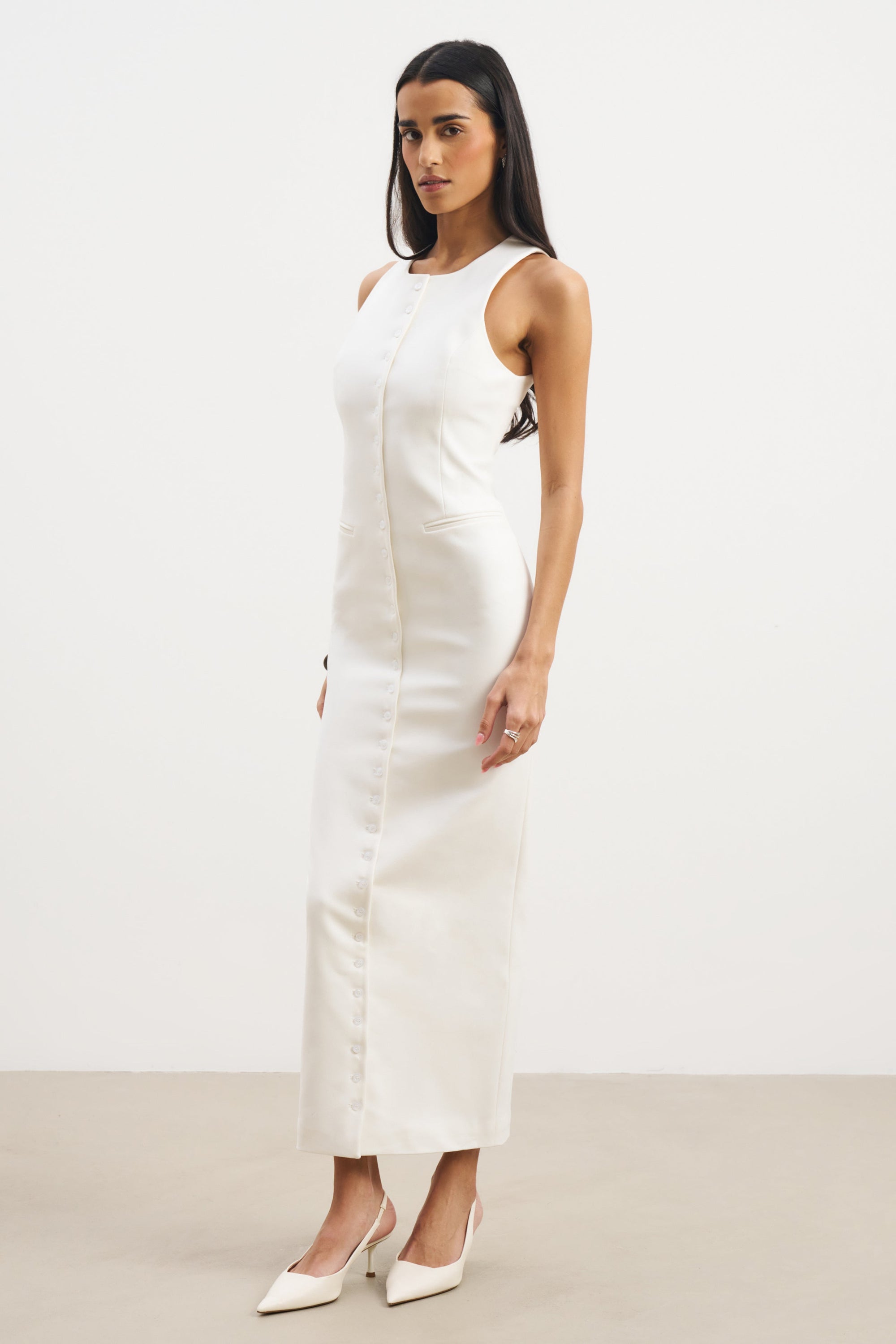 Tailored Button Down Maxi Dress - White