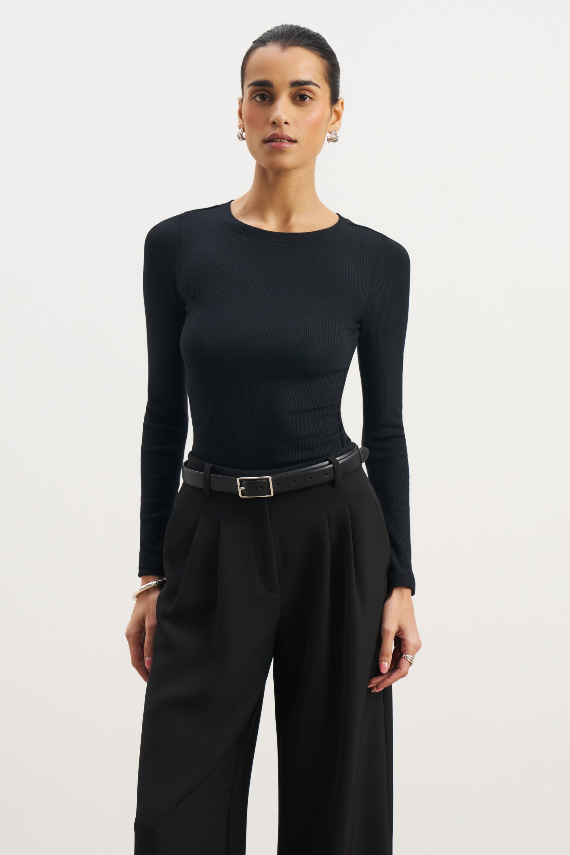 Soft Ribbed Long Sleeve Top - Black