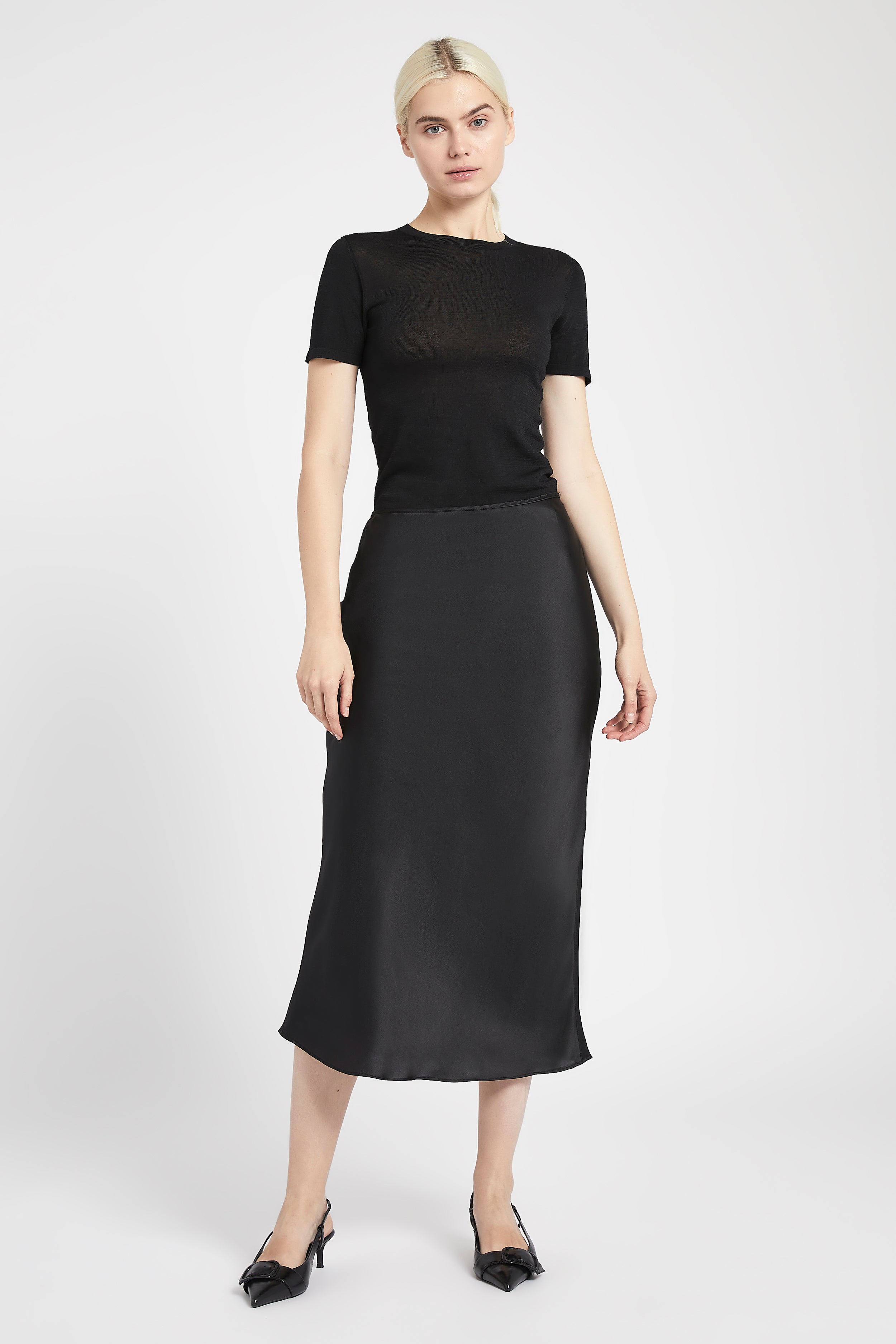 Satin Slip Midi Skirt - Black