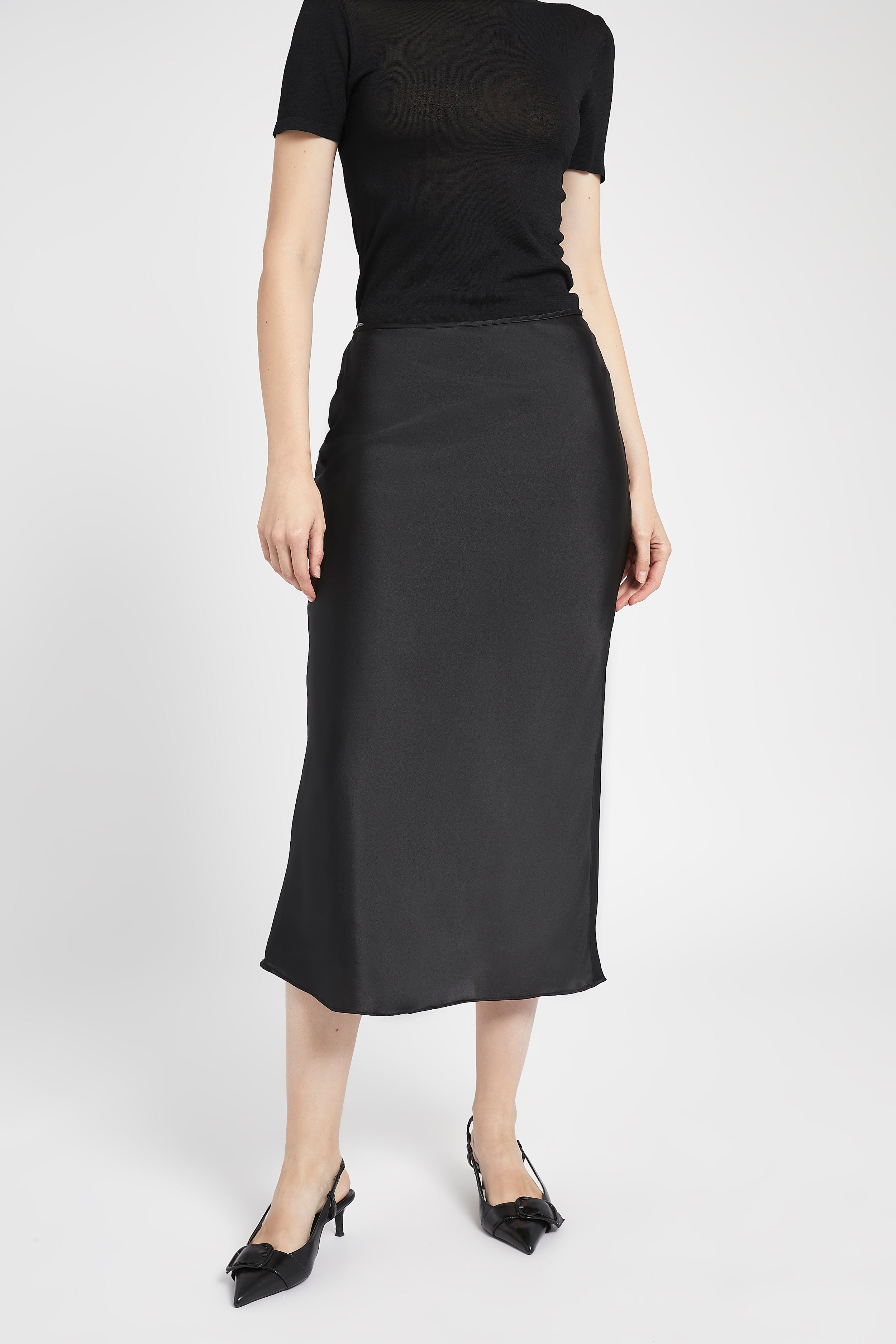 Satin Slip Midi Skirt - Black