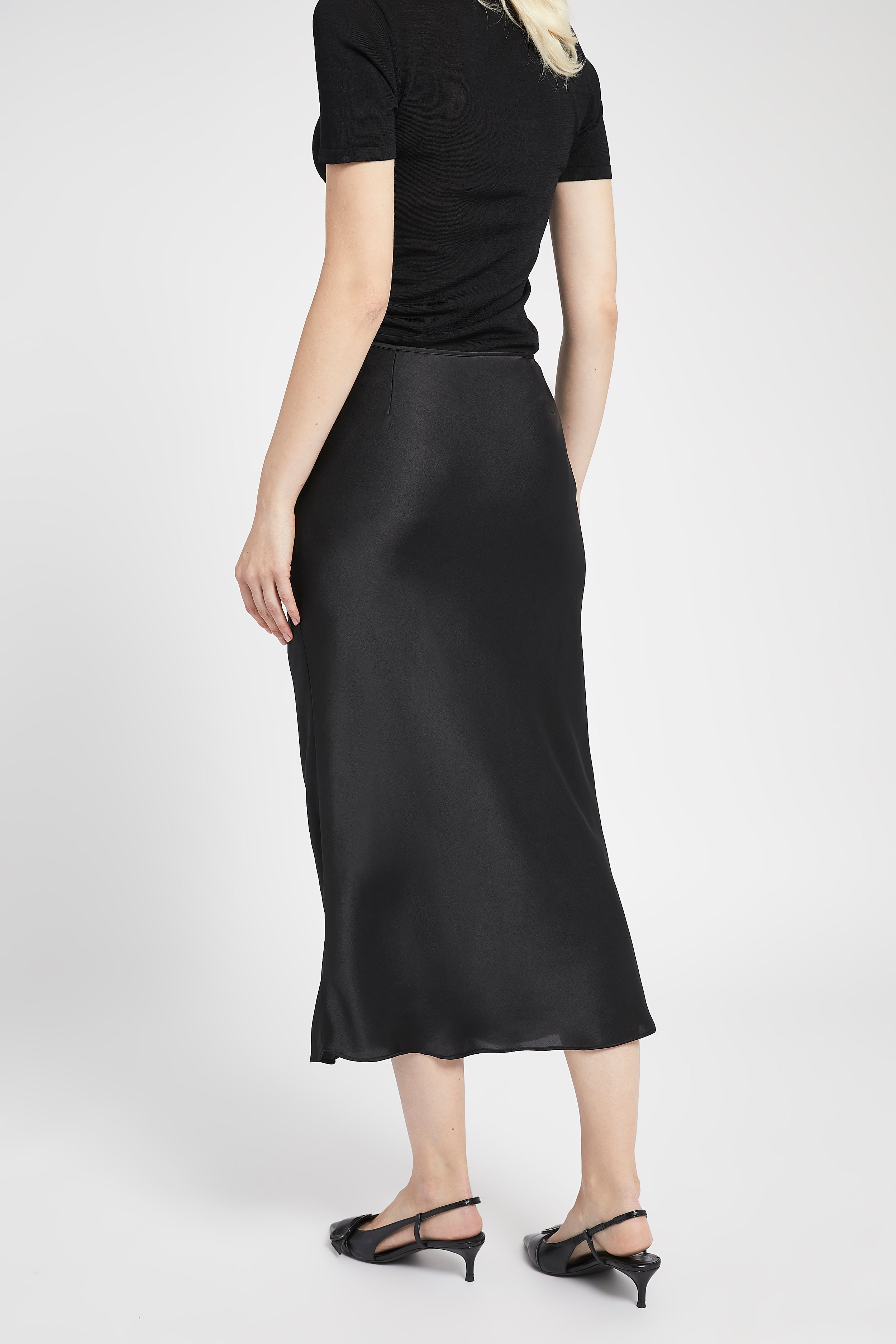 Satin Slip Midi Skirt - Black