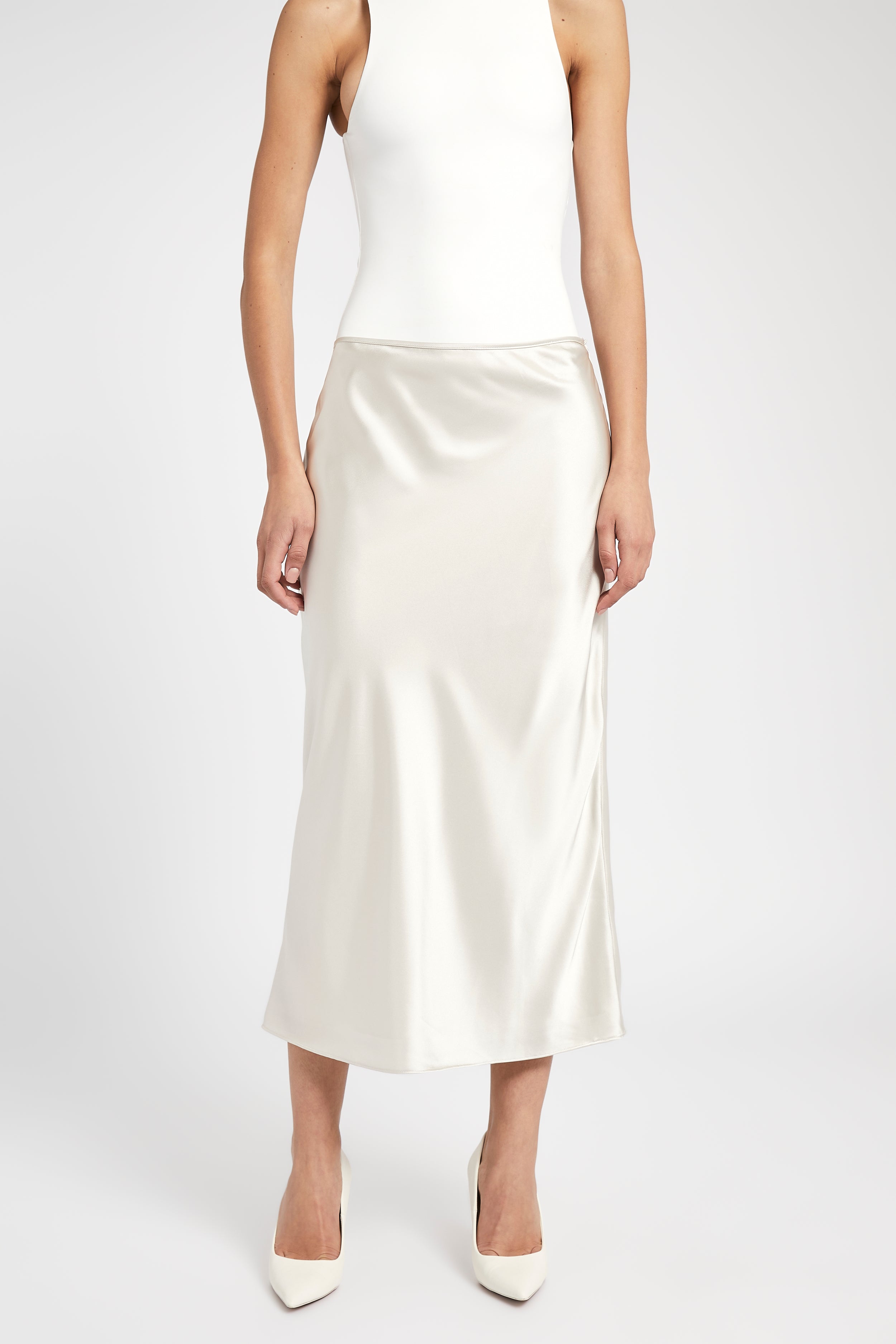 Satin Slip Midi Skirt - Champagne