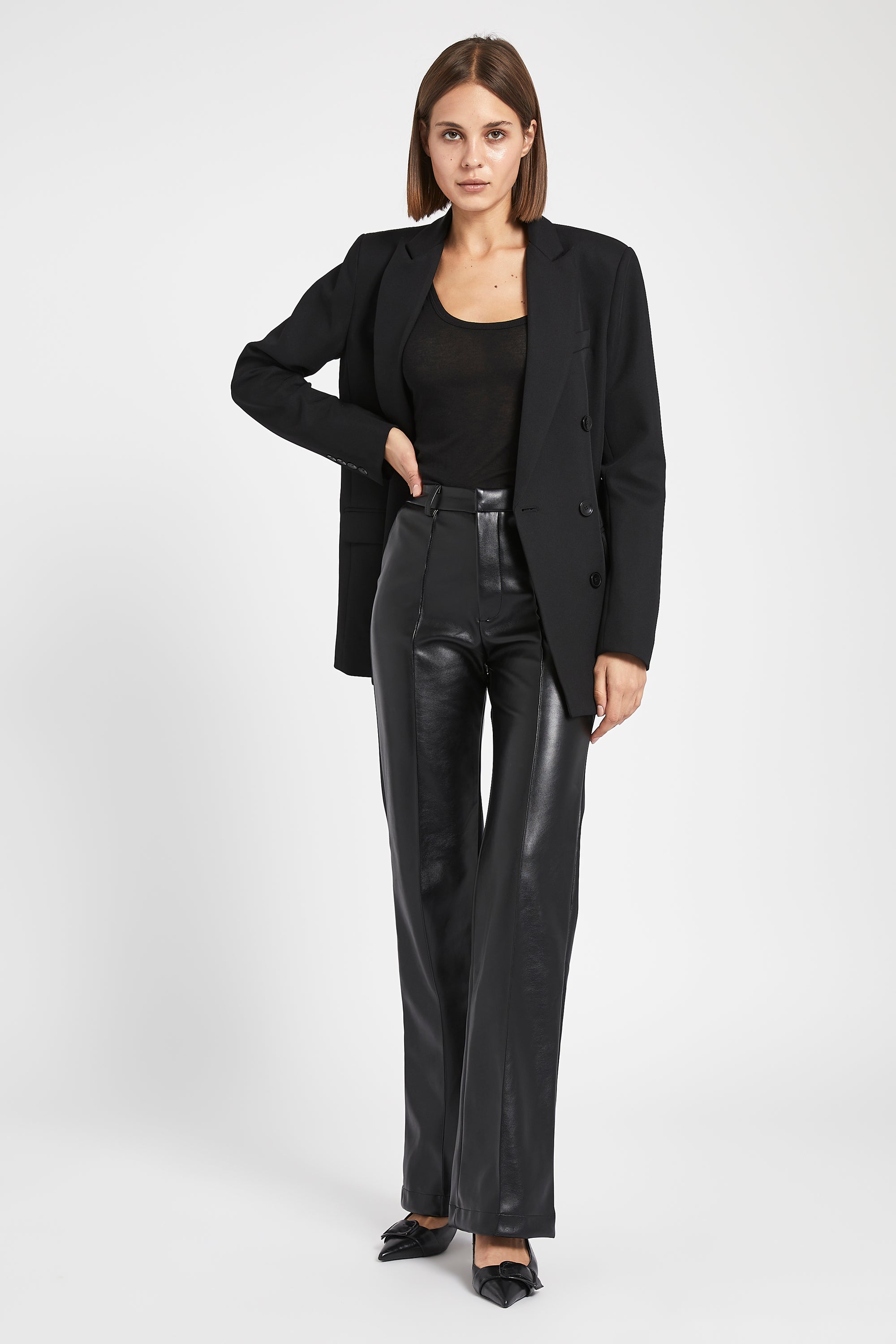 Leather Wide Leg Trousers - Black