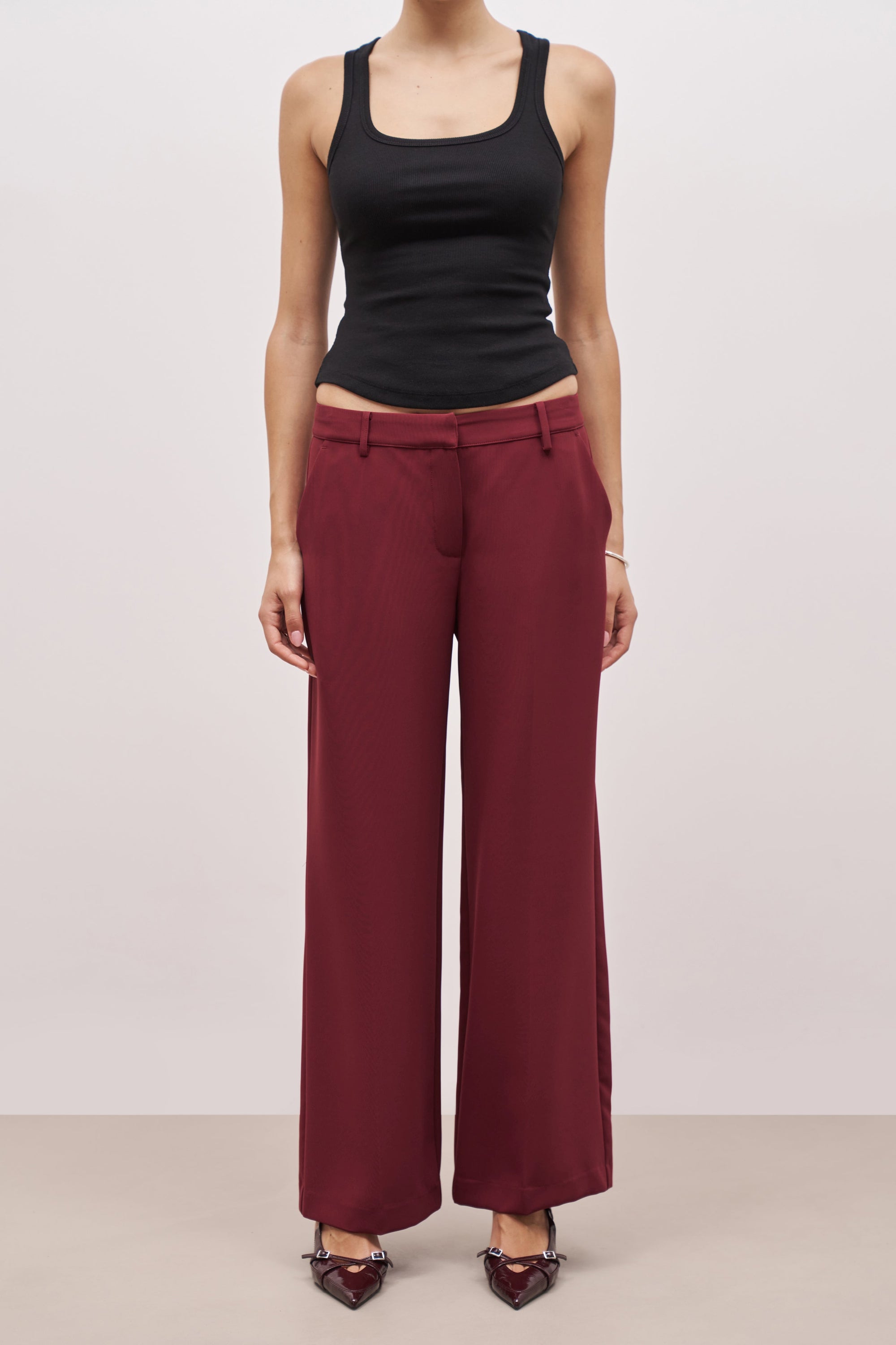 Draped Mid Rise Trousers - Burgundy