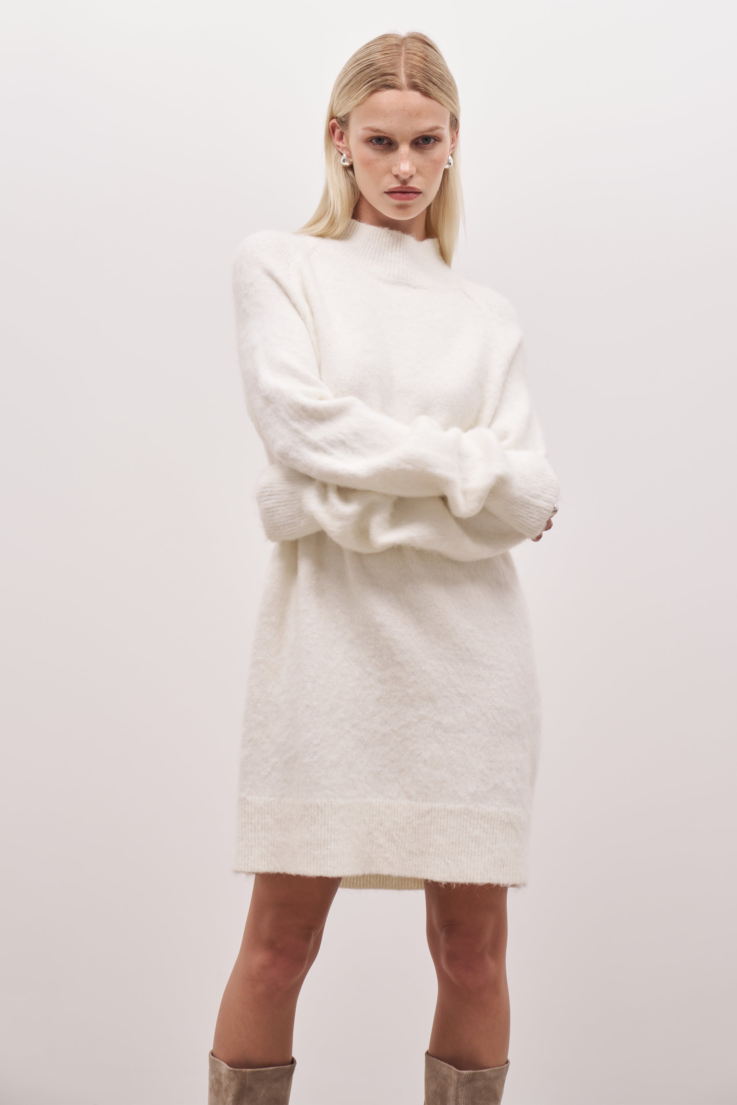 Soft Brushed High Neck Jumper Dress - Cream