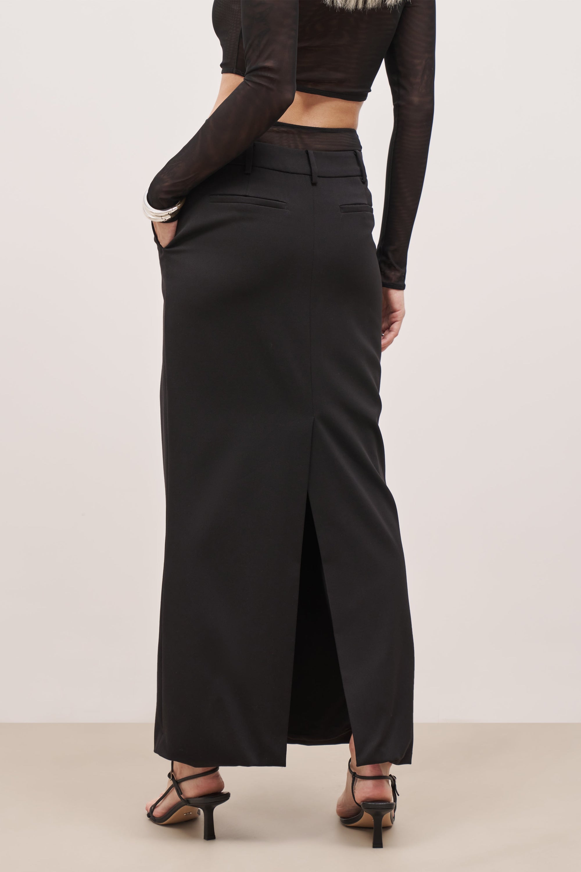 Double Waistband Relaxed Maxi Skirt - Black