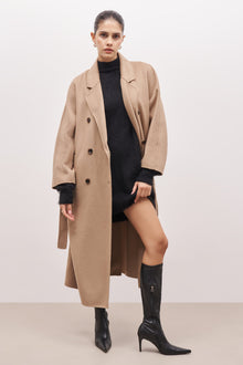 Double Faced Wool Coat With Belt - Camel