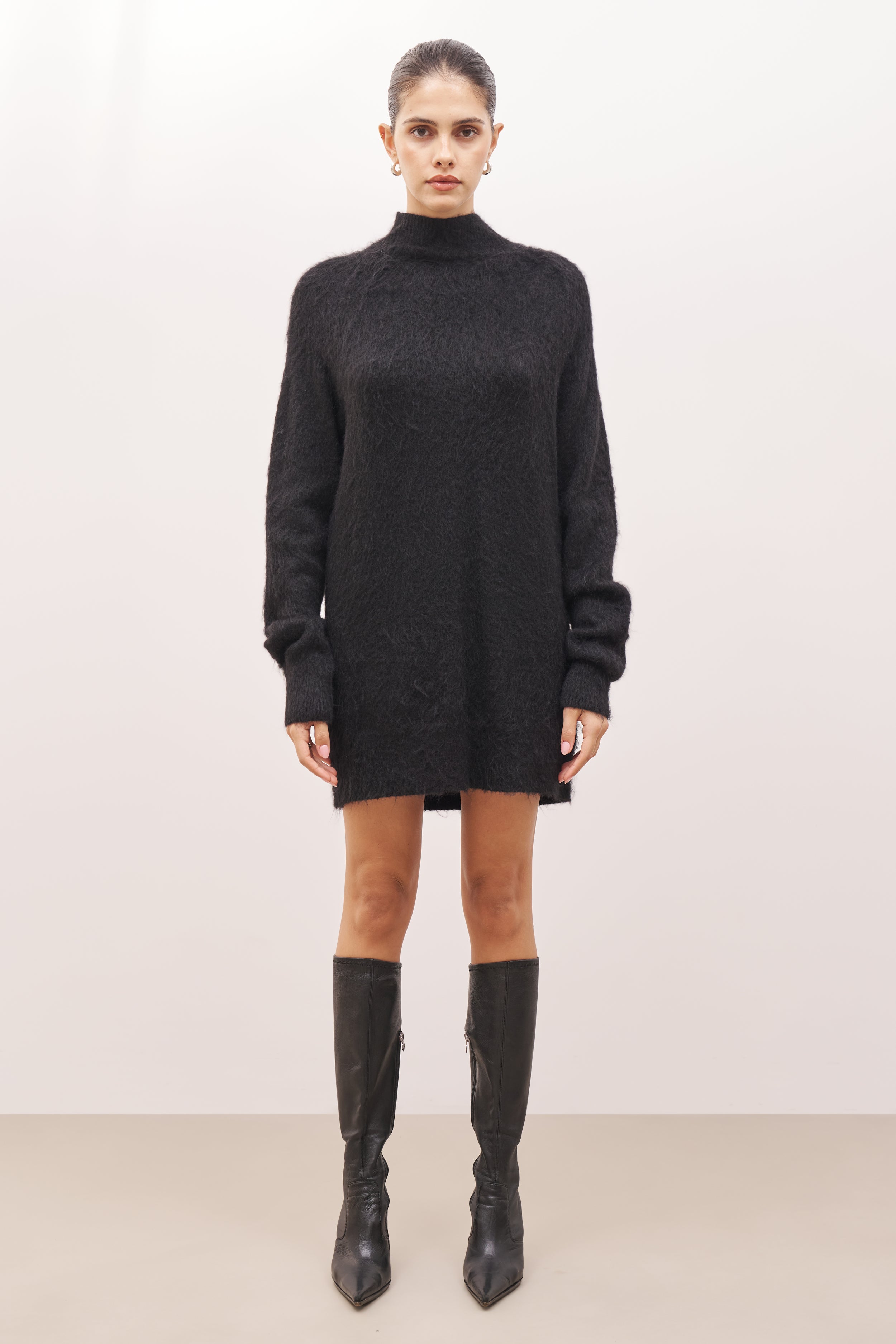 Soft Brushed High Neck Jumper Dress - Black