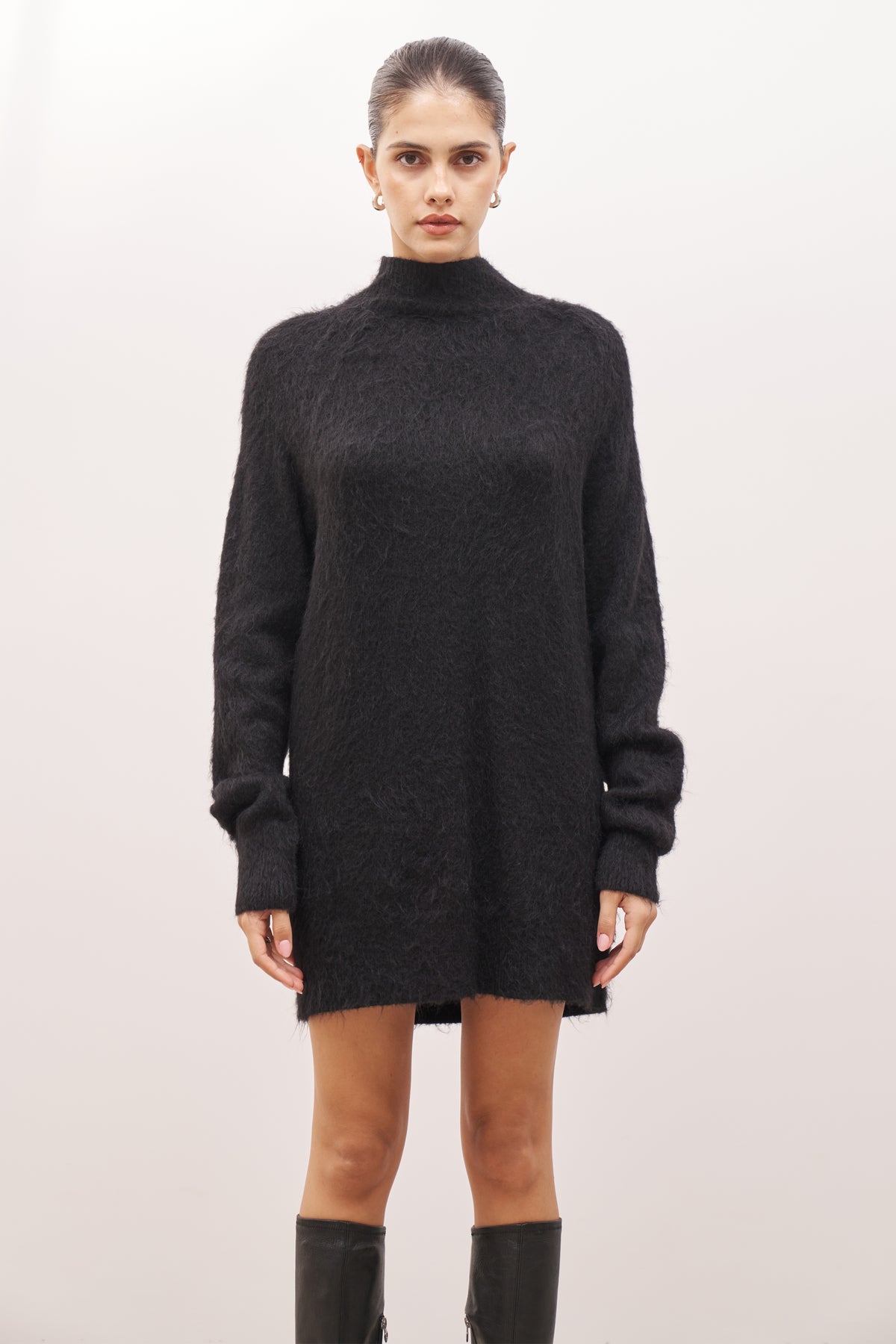 Soft Brushed High Neck Jumper Dress Black