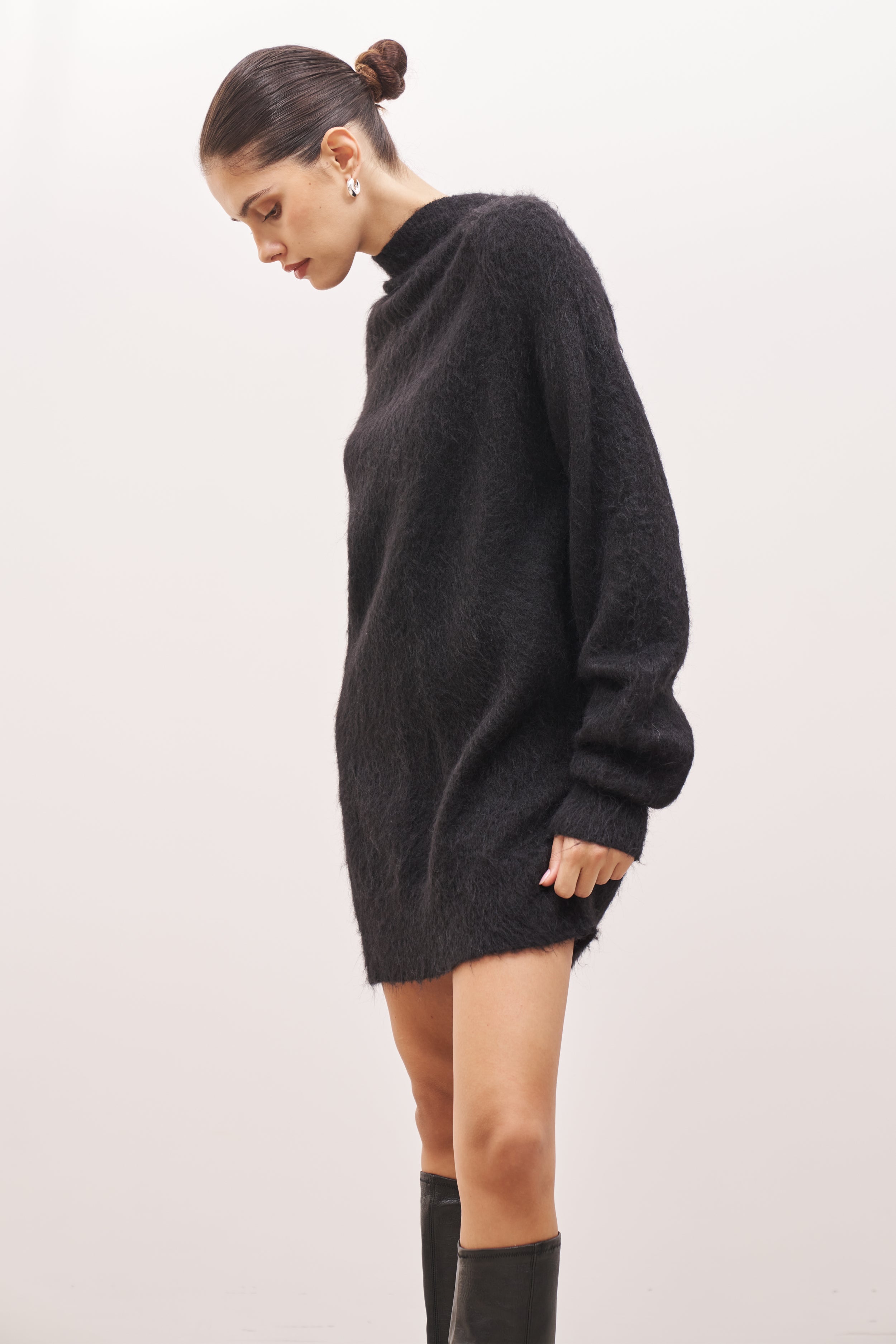 Soft Brushed High Neck Jumper Dress - Black