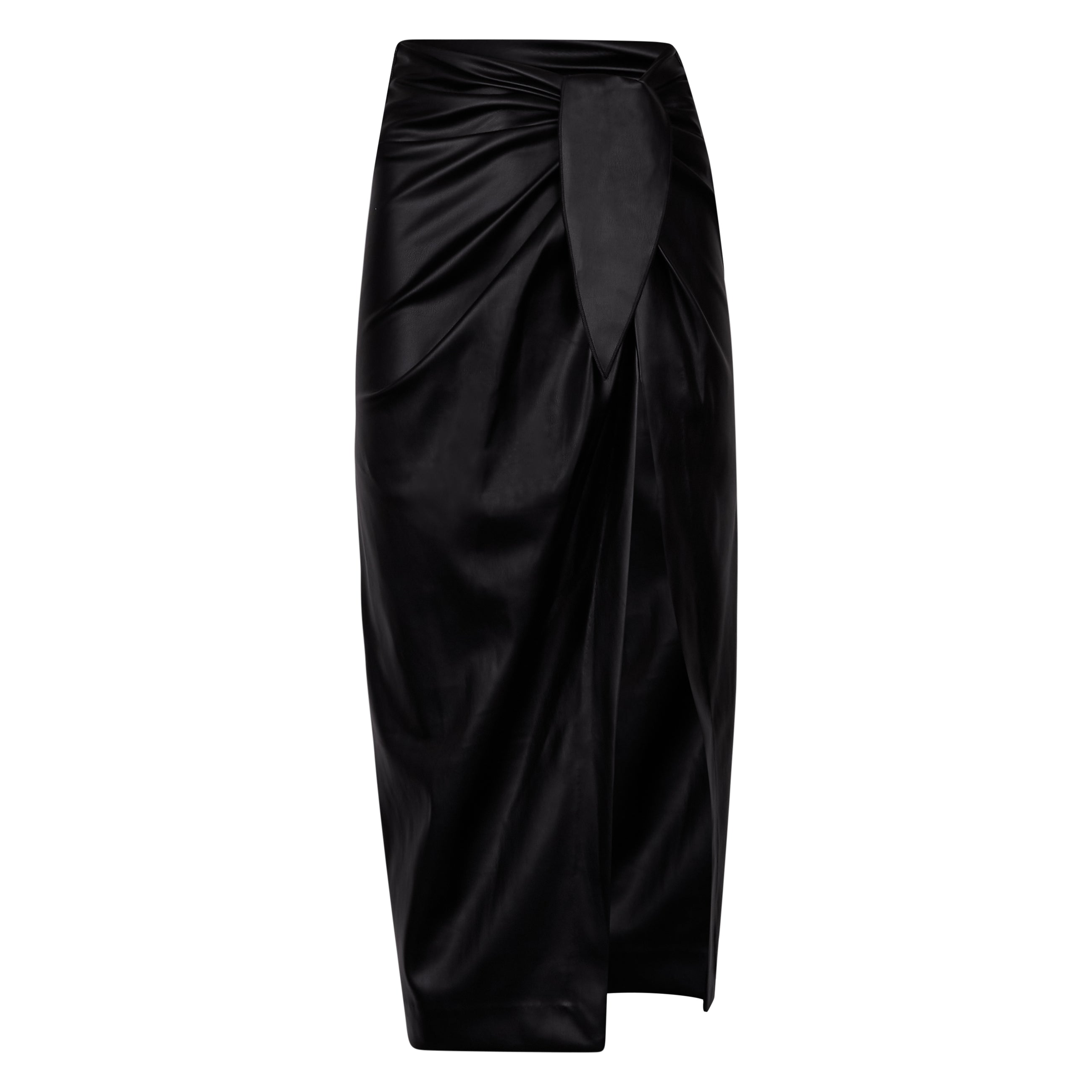 Leather Wrap Midi Skirt - Black