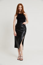 Ruched Leather Midi Skirt - Black